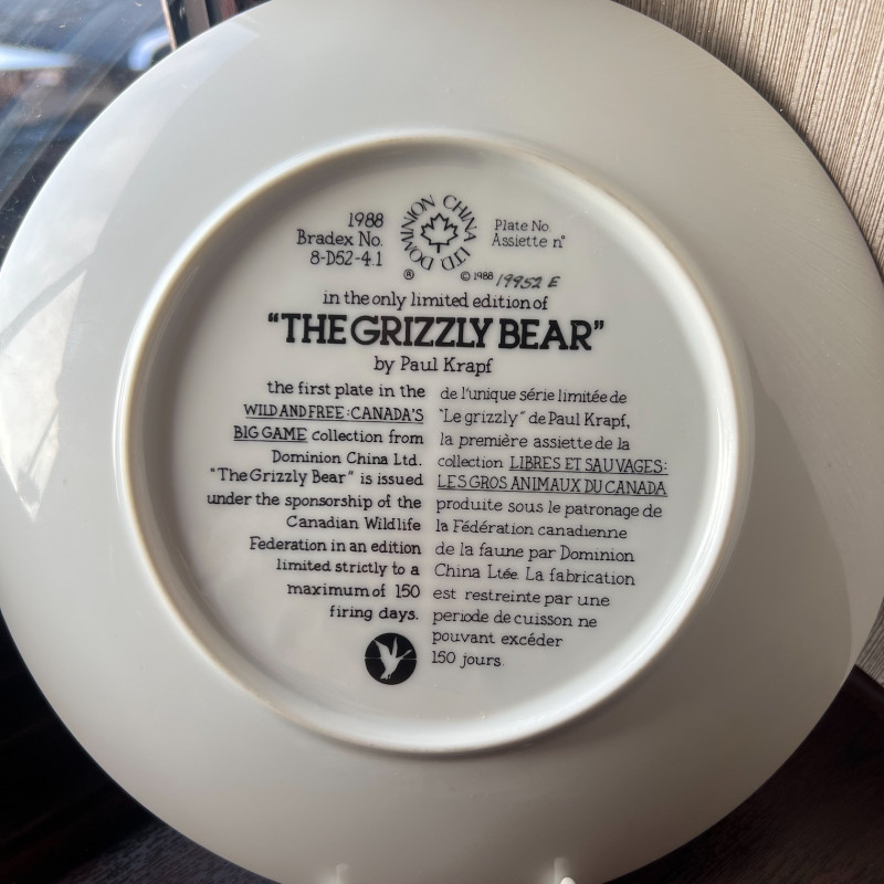 Preloved Grizzly Bear Limited Edition Collector Plate | Paul Krapf 1988 | Howdy Hides