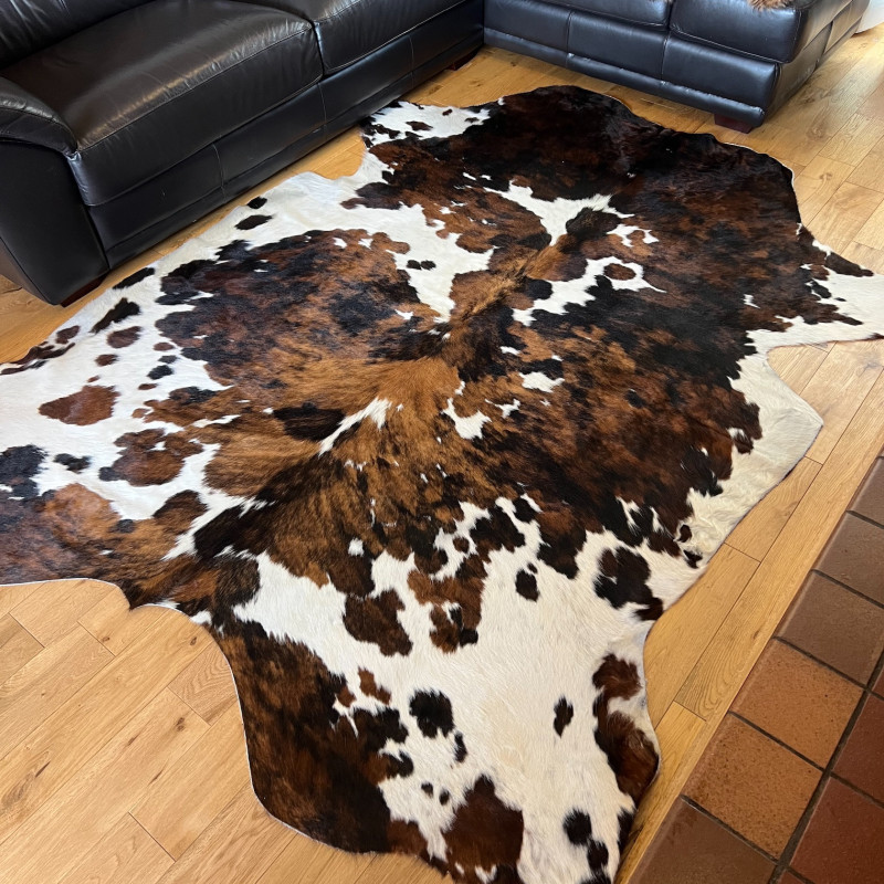 Large Tri Colour Brindle Cowhide Rug UK | Black Brown White | 238x210cm | Howdy Hides
